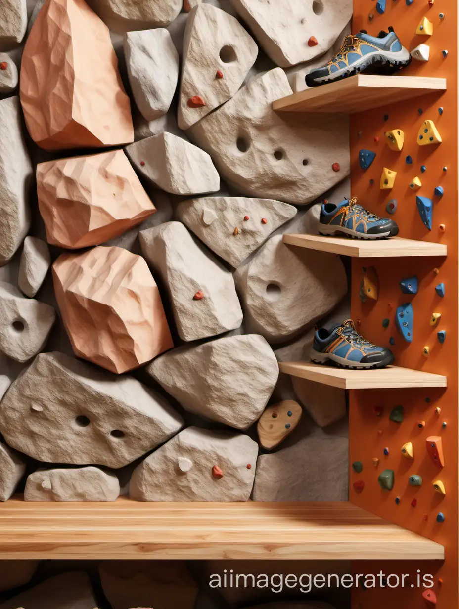 A product placement background of a wooden shelf with a rock climbing wall in the background