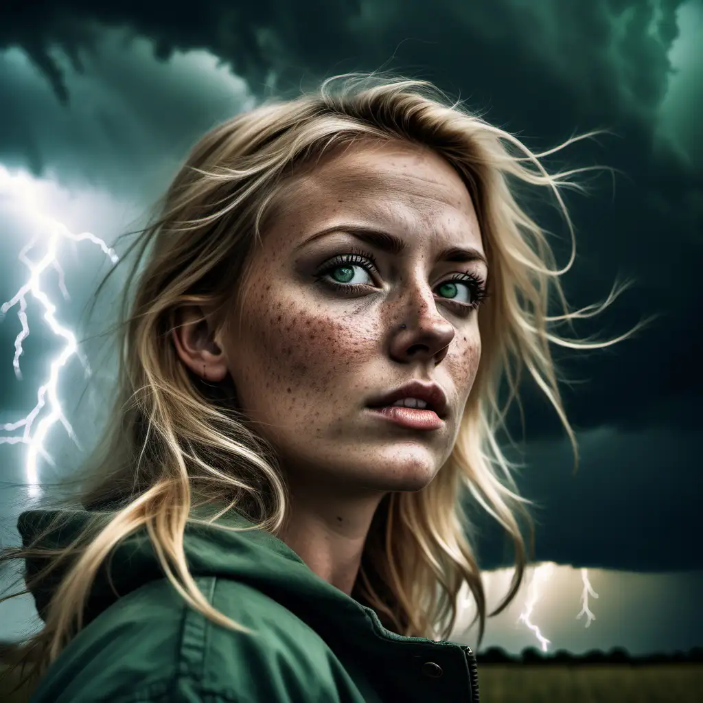 Contemplative Blonde Woman under Stormy Sky with Lightning