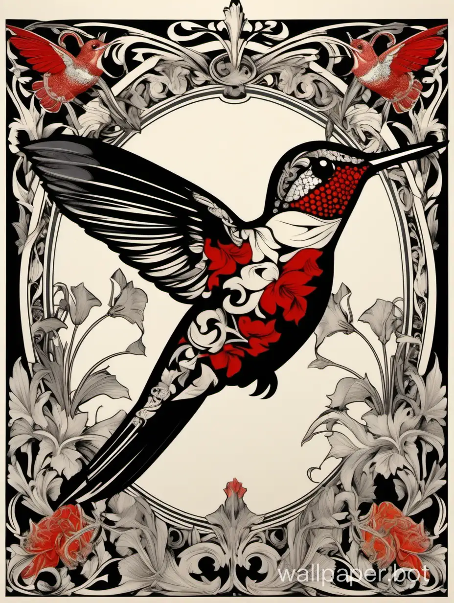 hummingbird, ornamental collage, baroque, alphonse mucha, william morris, red black white gray background, hyperdetailed poster, high contrast,