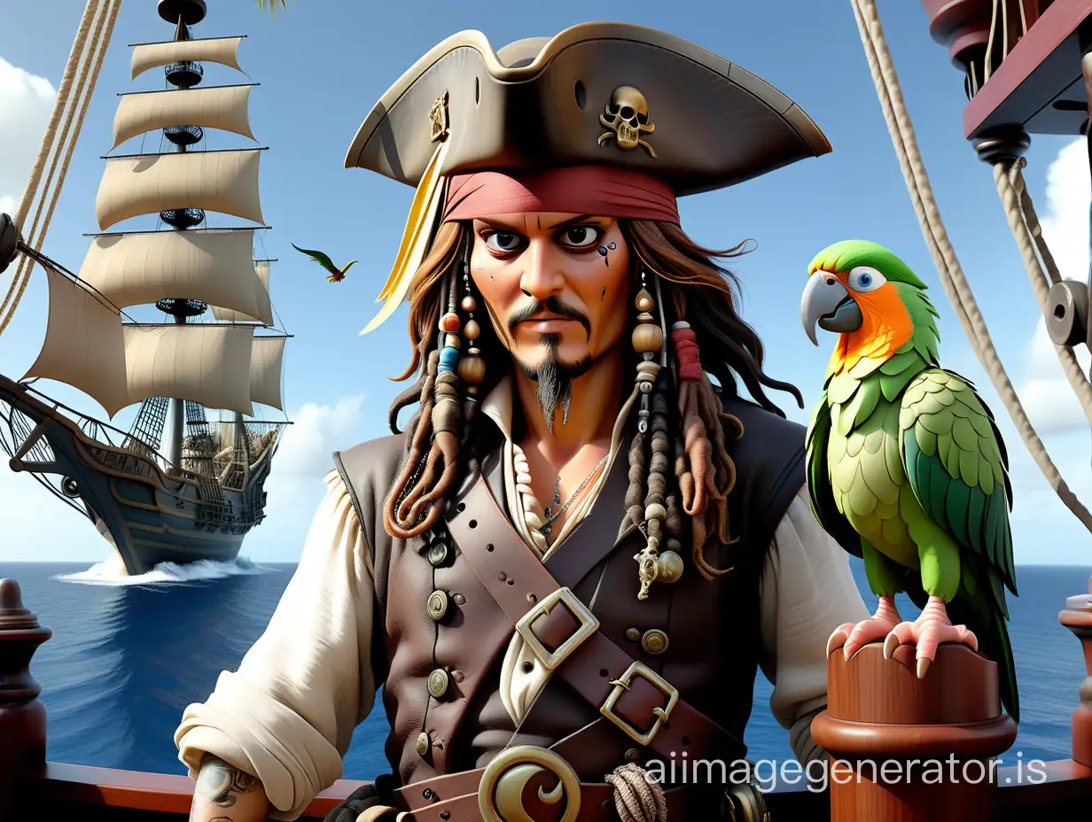 Johnny Depp Capt. Jack sparrow in the image of a pirate ship captain with a parrot on his shoulder stands at the helm of a magnificent frigate close up, against the backdrop of a beautiful Caribbean sea landscape, Intricate details, a fairy-tale atmosphere, a detailed world,bright sunrise, a whimsical and enchanting atmosphere, an elegant and graceful design, unearthly and otherworldly vibes, artistic and  magical atmosphere, masterpiece, professional photo, ISO 100,