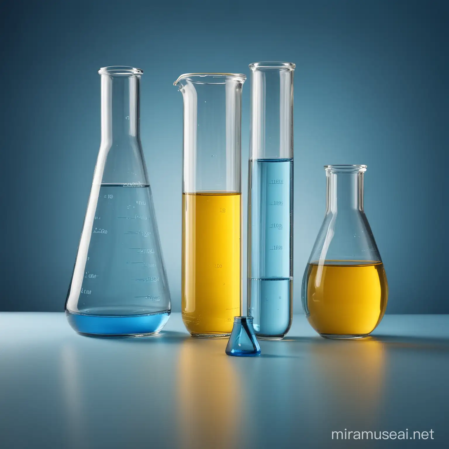 blue test tube and flask in the middle of illuminated blue and yellow background