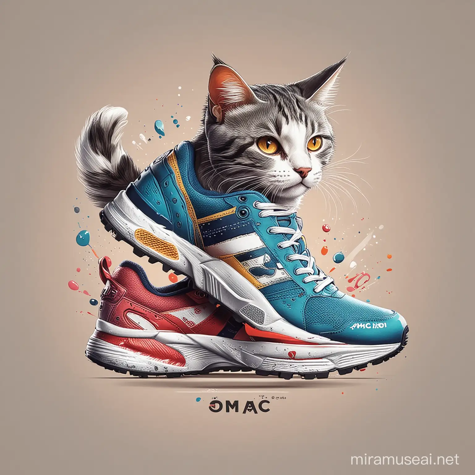 color full drawing like vector,cat with caps,running shoes ,shoe brand name OMAC