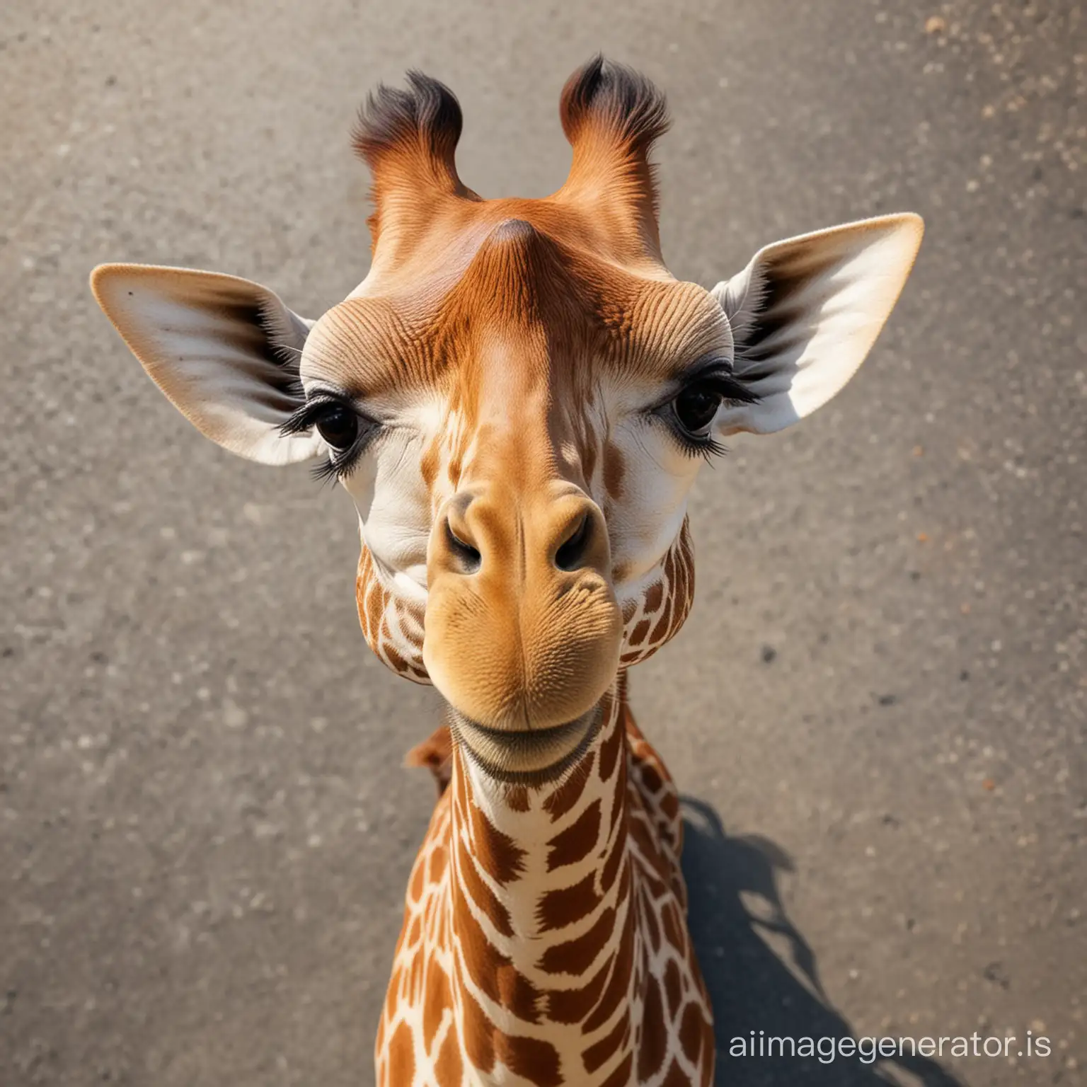 une girafe fais un selfie la photo est prise depuis  le dessus d'elle, photo très réaliste, pas de flou, la girafe est souriante