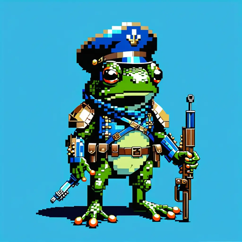 Пиксел малка жаба войник на син фон