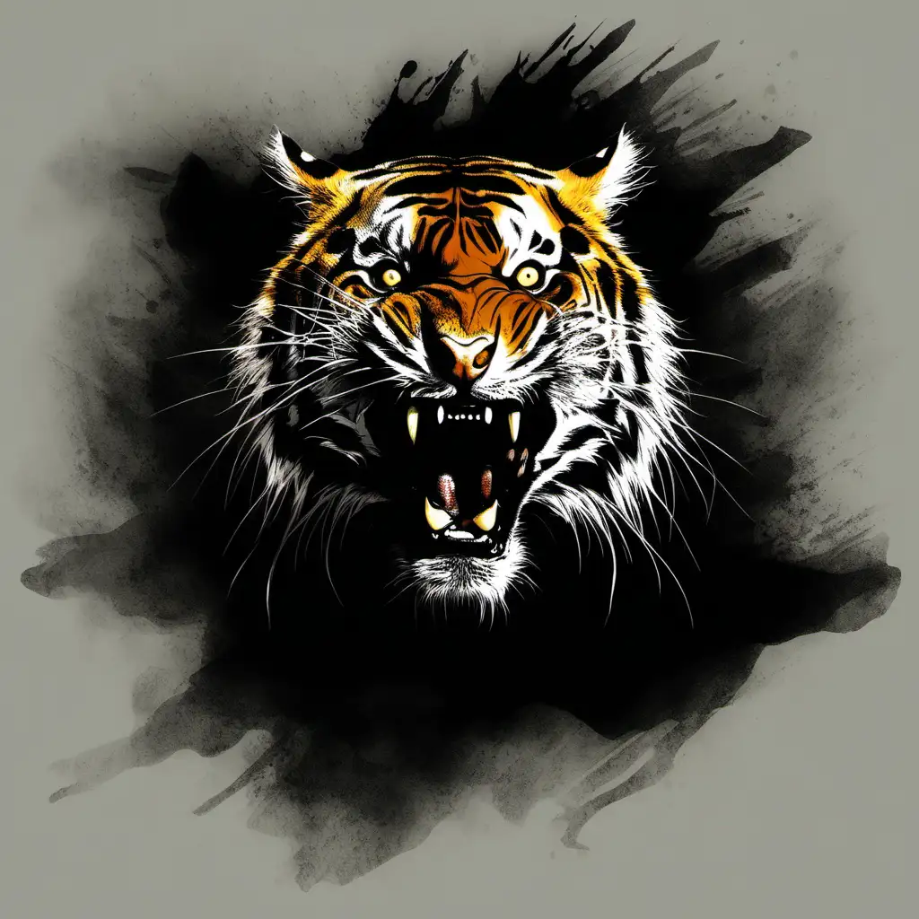 A tiger emerging from a dark black shadow roaring