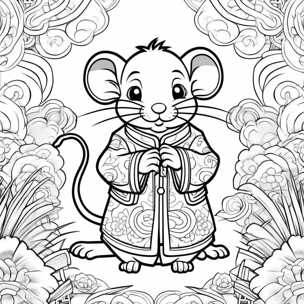 kids colour book, low detail, no shading, cartoon style, Chinese new year, thick lines, rat, --ar9:11
