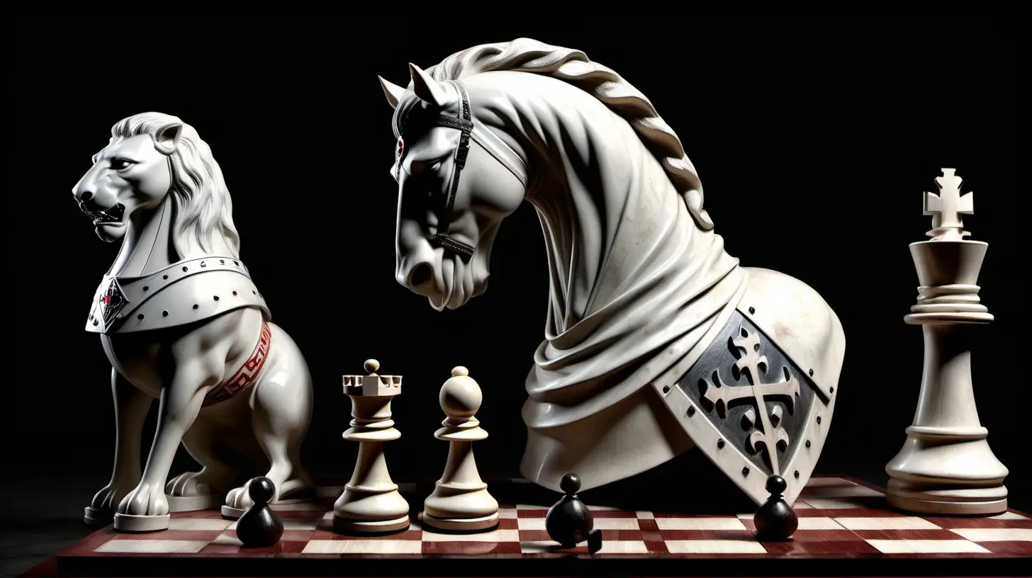 Knight Templar Riding Lion Confronts Chess King with Mind Superiority