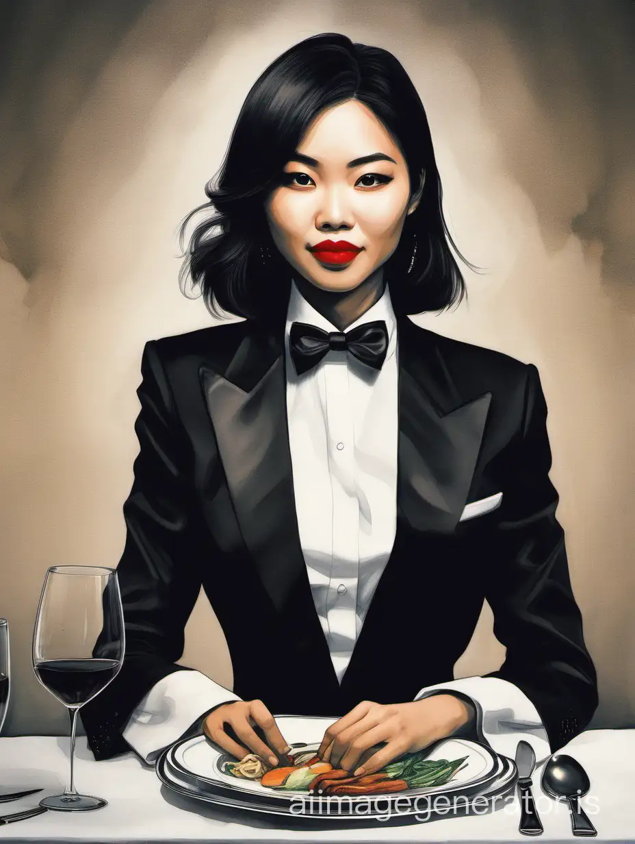 An Vietnamese woman with shoulder length hair, and lipstick is sitting oat a dinner table.  She is facing forward, looking at the viewer.  She is clasping her hands.  She is wearing a tuxedo.  Her jacket is black.  Her jacket is opened.  Her pants are black.  Her bowtie is black.  Her shirt is white and has a wing collar and has cufflinks.  She is smiling and laughing.