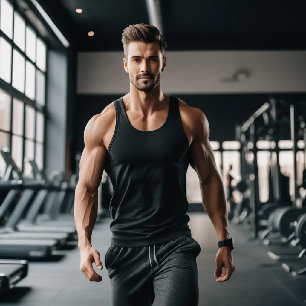 Image of a handsome guy confidently striding through a gym, head held high

