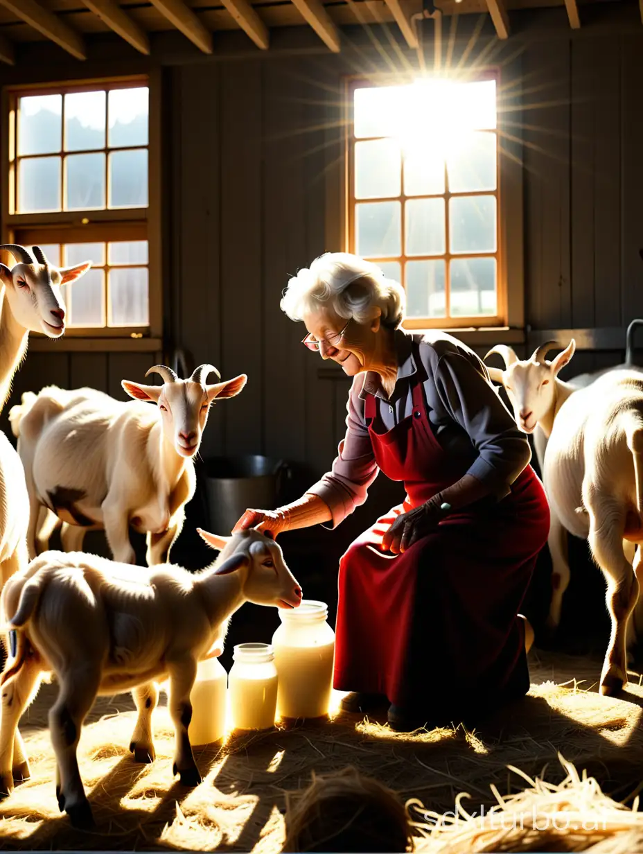 The grandmother is milking goats in the barn, surrounded by sunlight streaming through the windows.