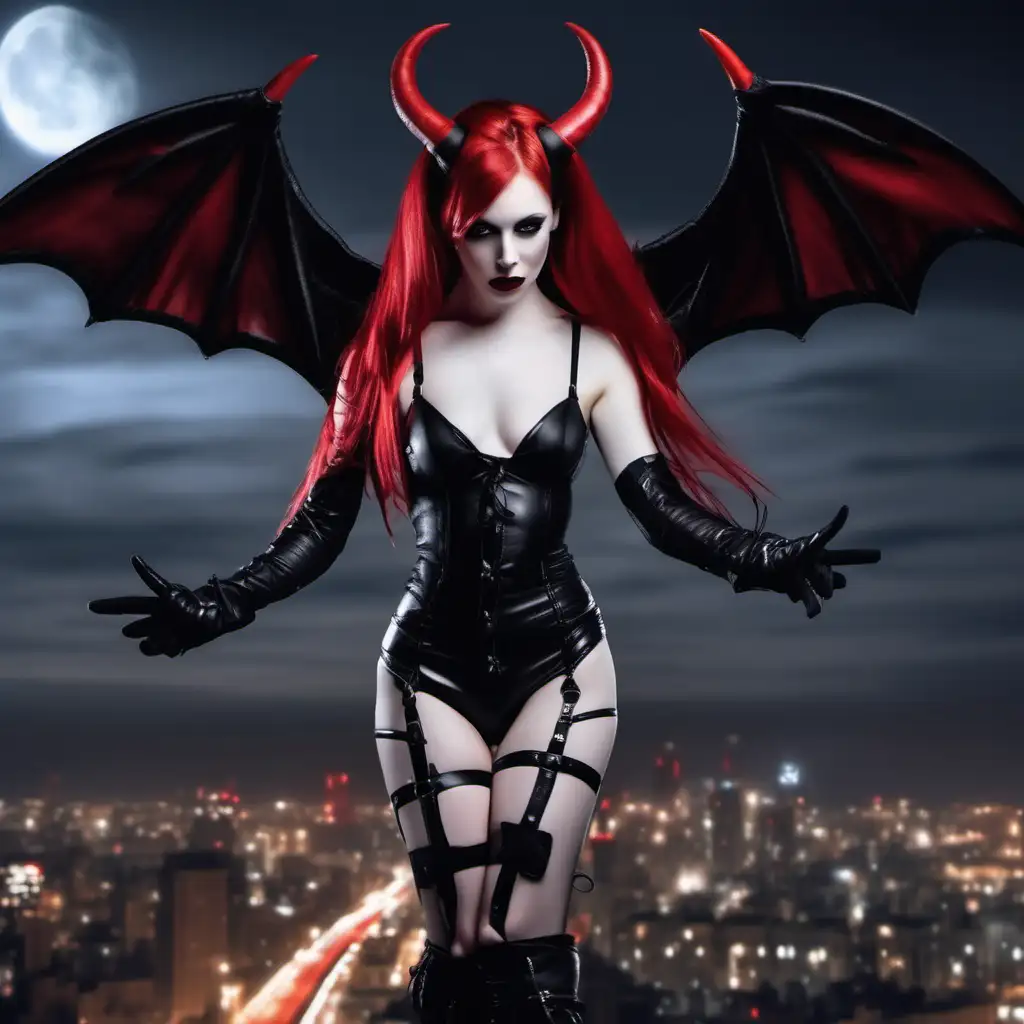 beautiful hot minute delicate girl, very pale skin, red hair, red and black horns, red and black devil wings, red and black devil tail, red and black BDSM lingerie, long black leather gloves, long black leather boots, flying over the city, night