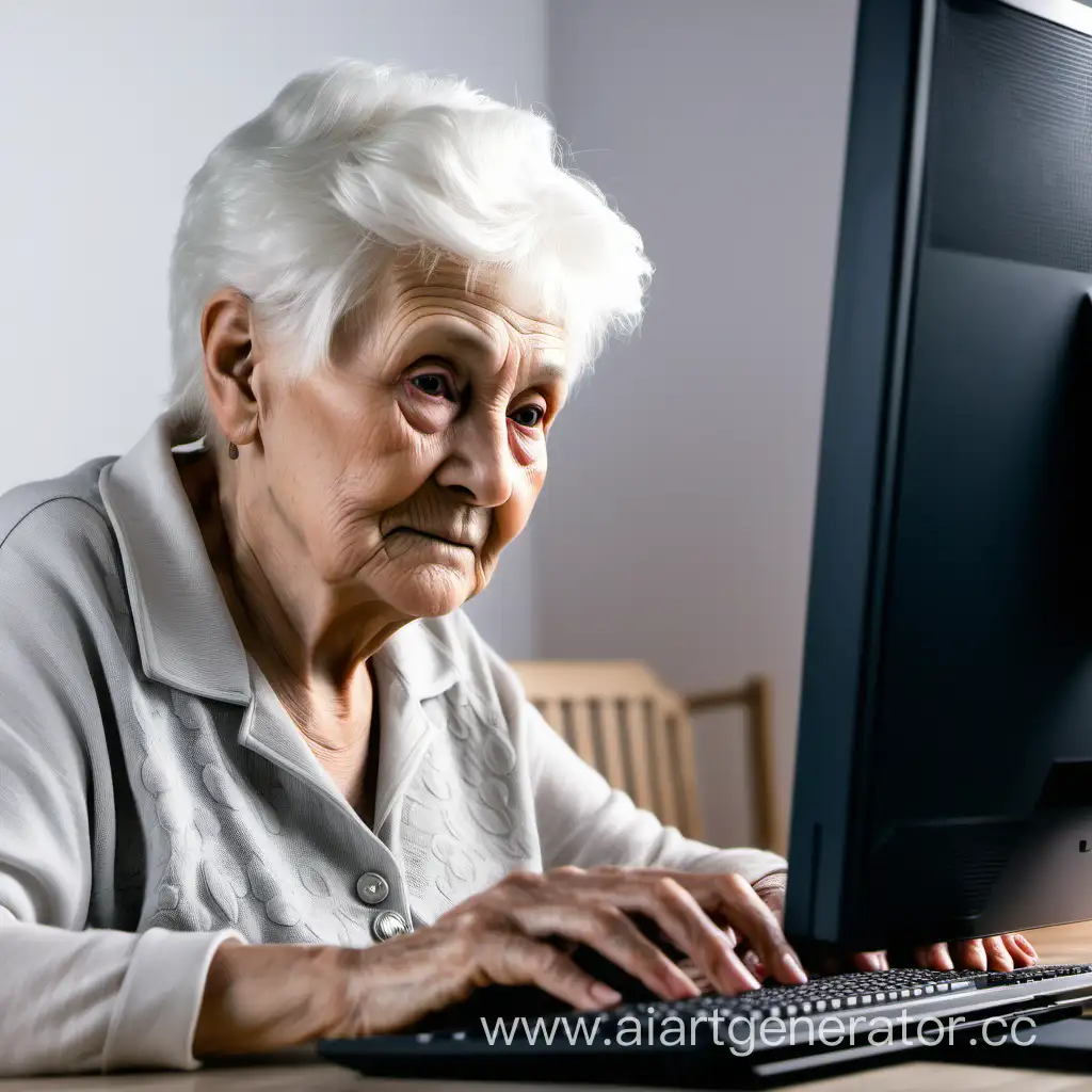 бабушка сидит за компьютером  
 а на первом плане стол
