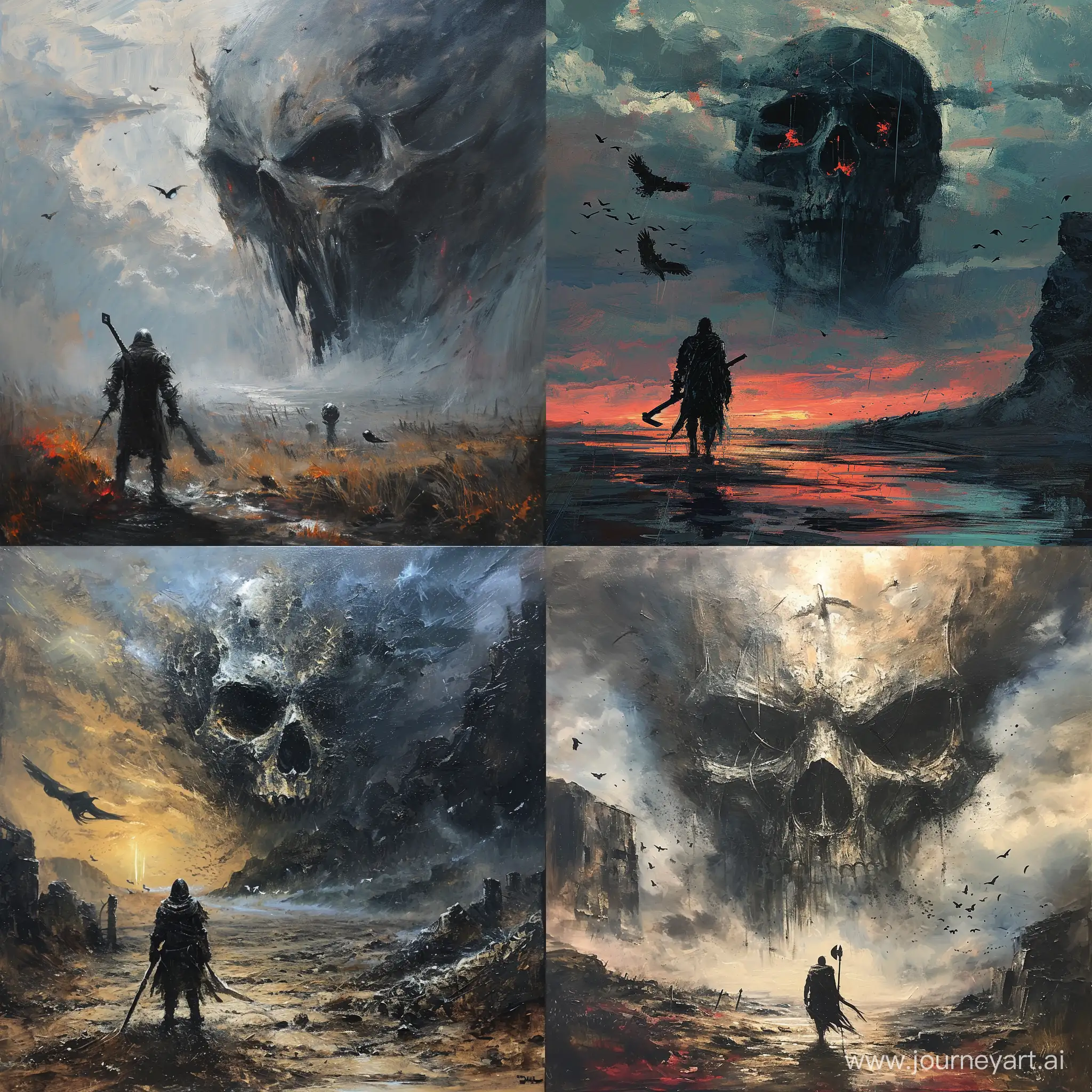 Warrior-Confronting-Giant-Skull-in-Desolate-Dusk-Landscape