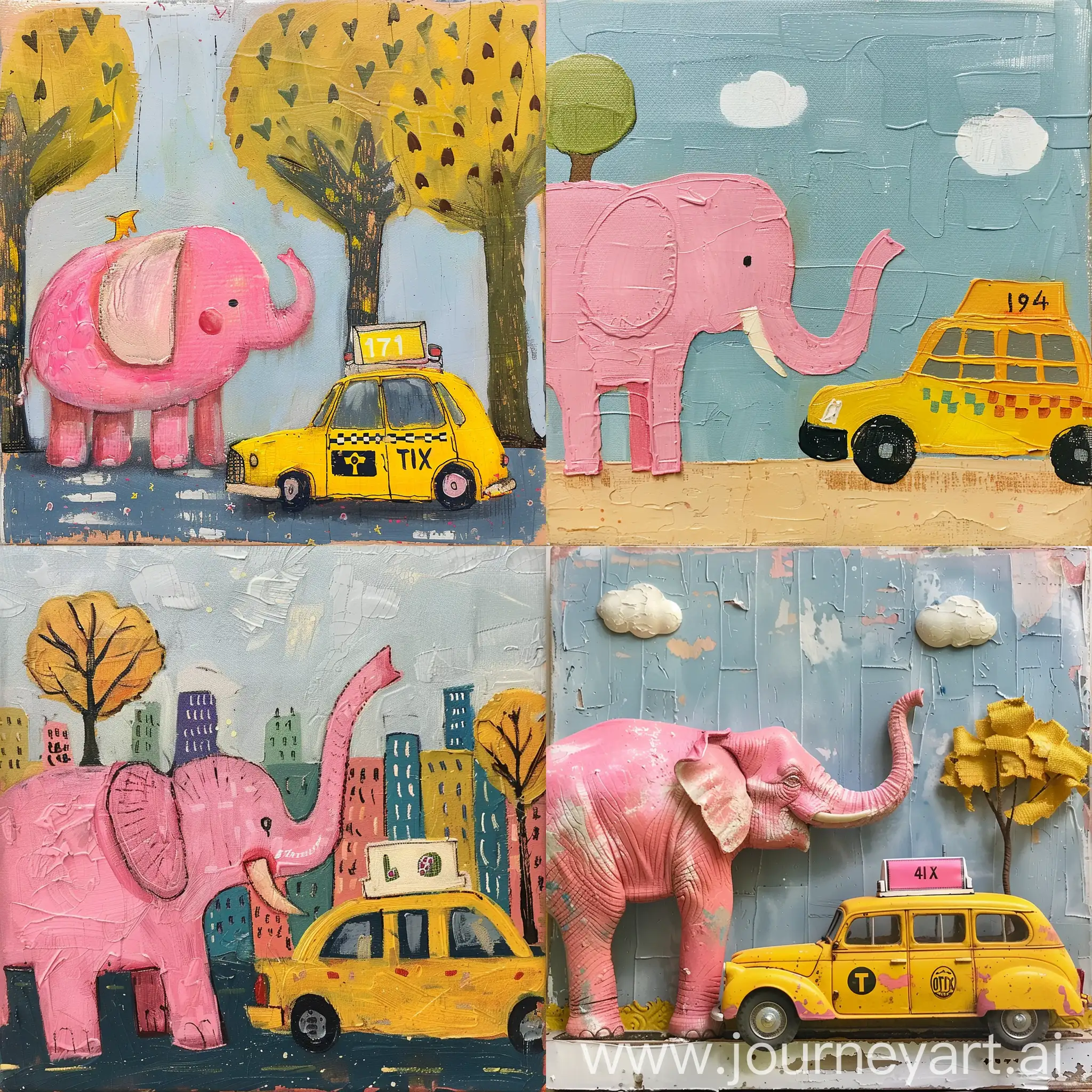 Whimsical-Pink-Elephant-and-Yellow-Taxi-in-Playful-Encounter