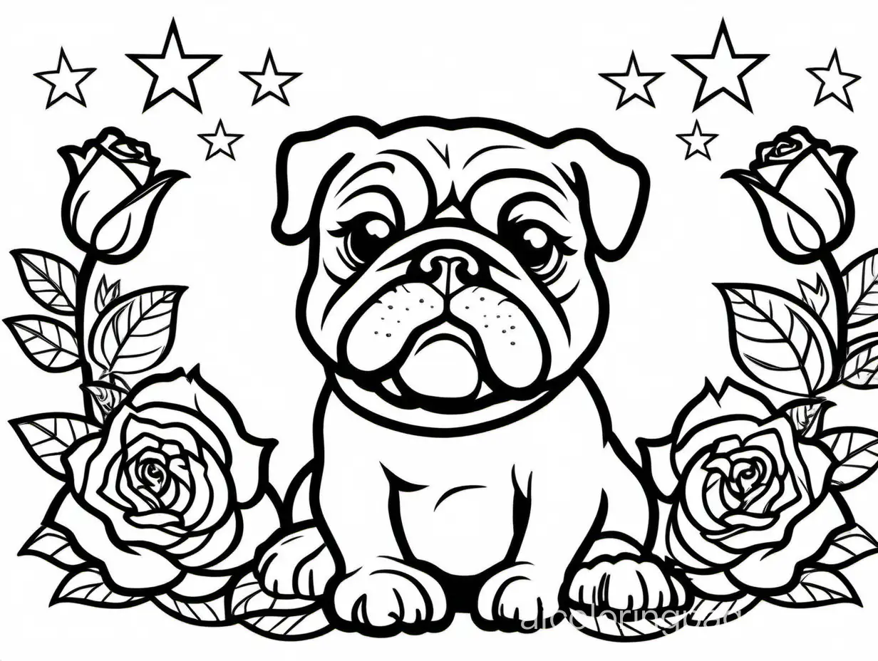 cute stylish bulldog looking angry with rose flower & star in background black & white coloring page, Coloring Page, black and white, line art, white background, Simplicity, Ample White Space. The background of the coloring page is plain white to make it easy for young children to color within the lines. The outlines of all the subjects are easy to distinguish, making it simple for kids to color without too much difficulty
