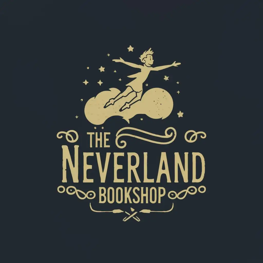 logo, NeverLand, Peter Pan, with the text "The NeverLand Bookshop", typography