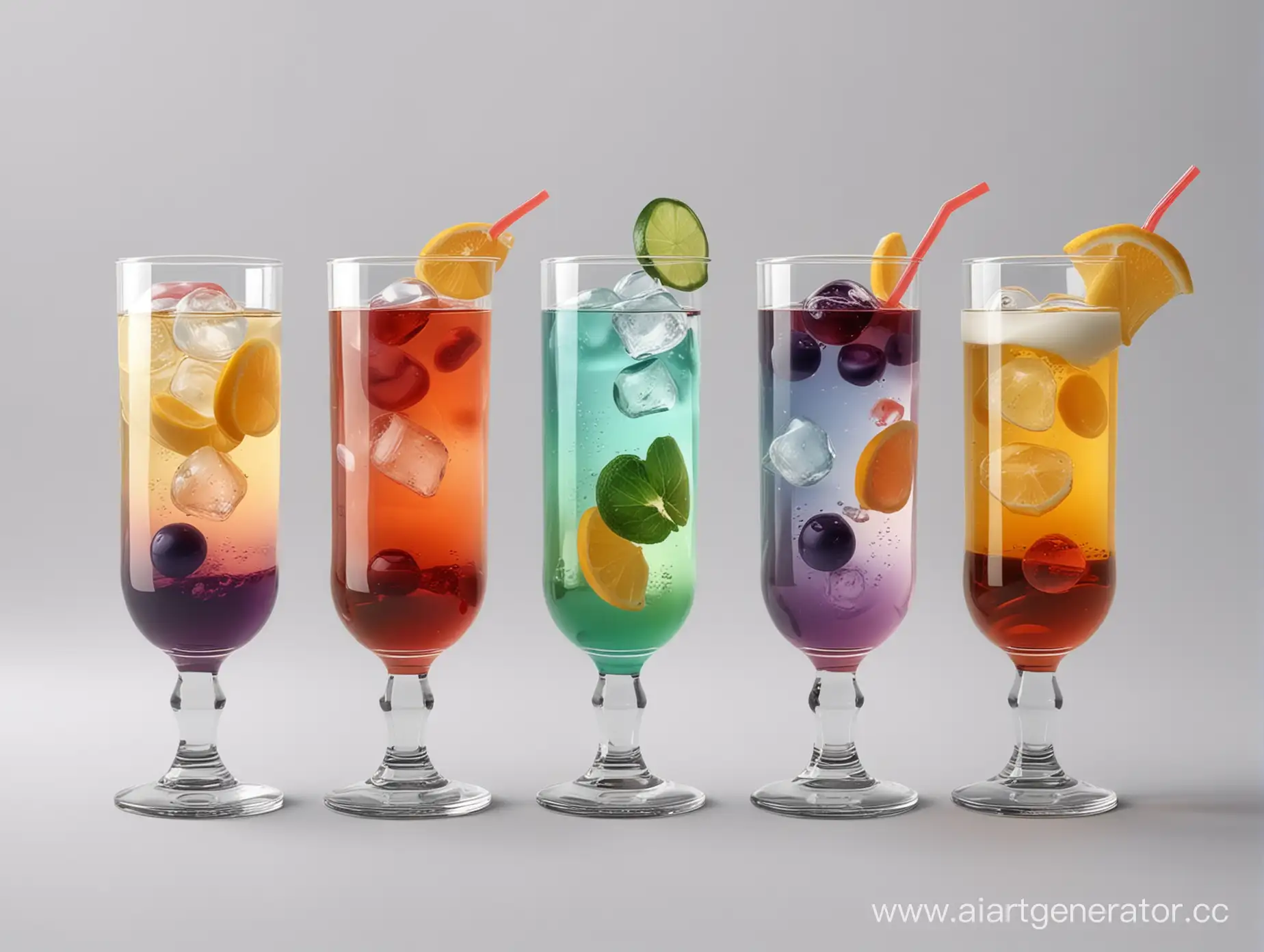 Сгенерируйте фото в стиле реализм, где силиконовые прозрачные капсулы для напитков, с индивидуальными наполнителями разного цвета, плавают в стаканах с напитками. Все они выглядят съедобно,