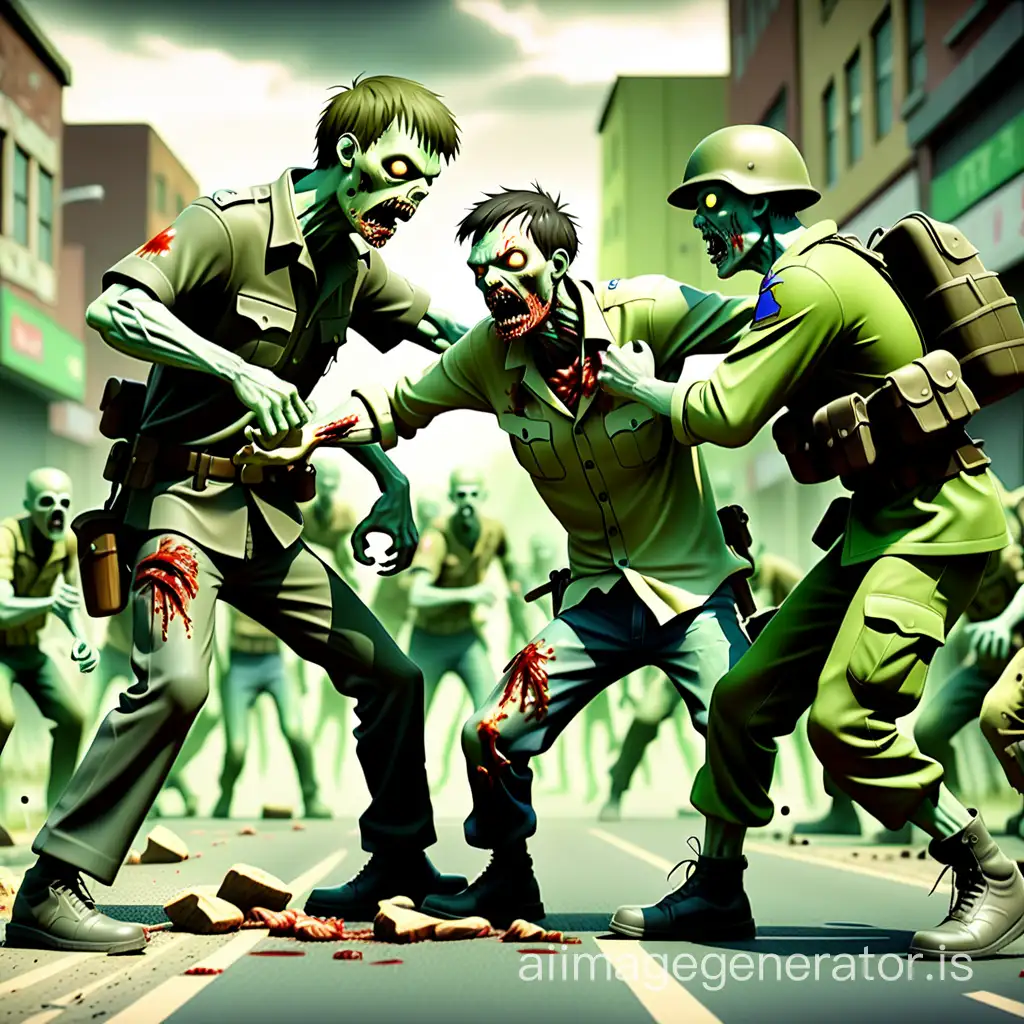 a fighting between a zombie and army man at roads