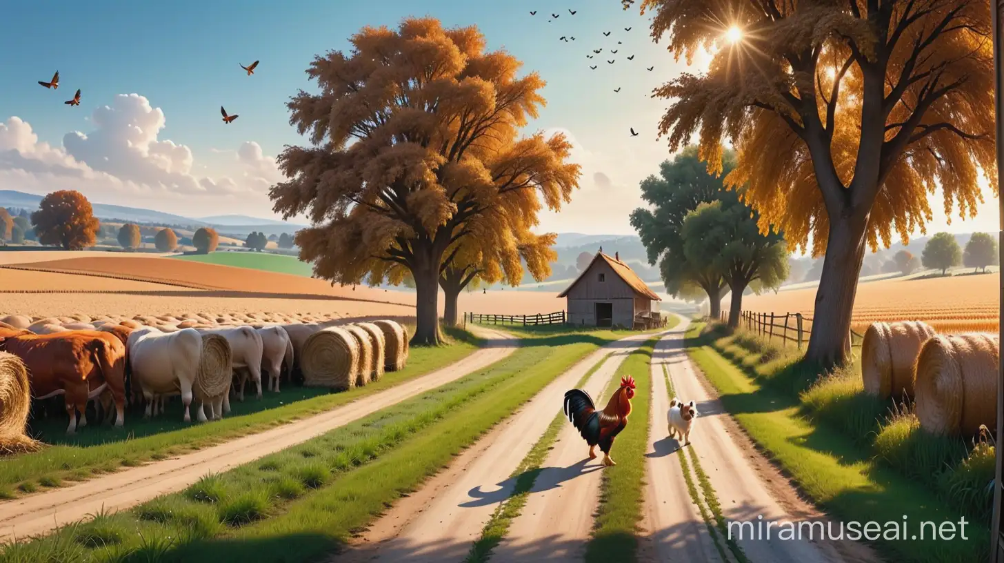 Tranquil Countryside Scene with Children Dog and Wildlife