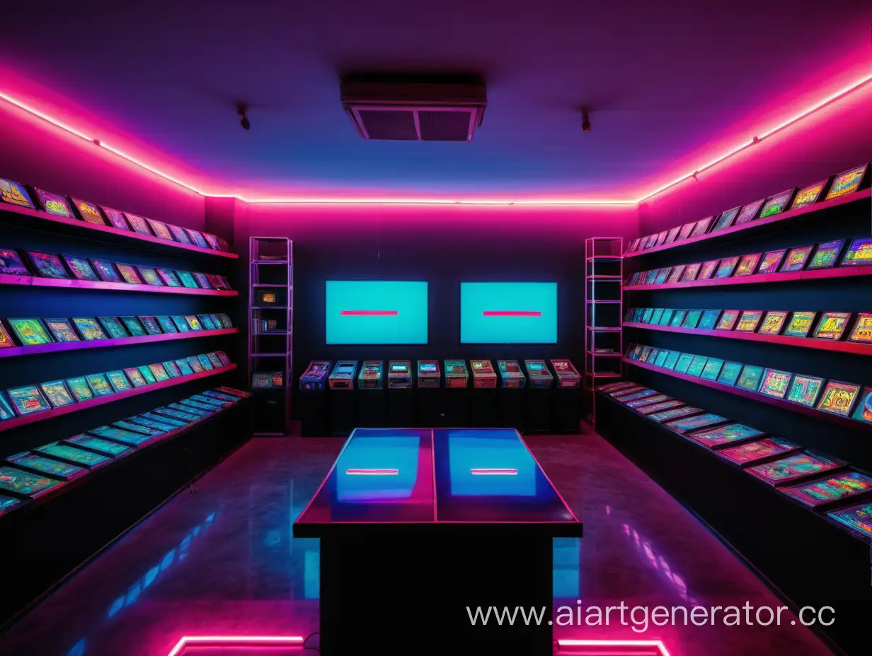 a modern room with neon colors in the walls,  there are  many old  electronic games in selves and one empty wall in the middle with six big empty screens 

