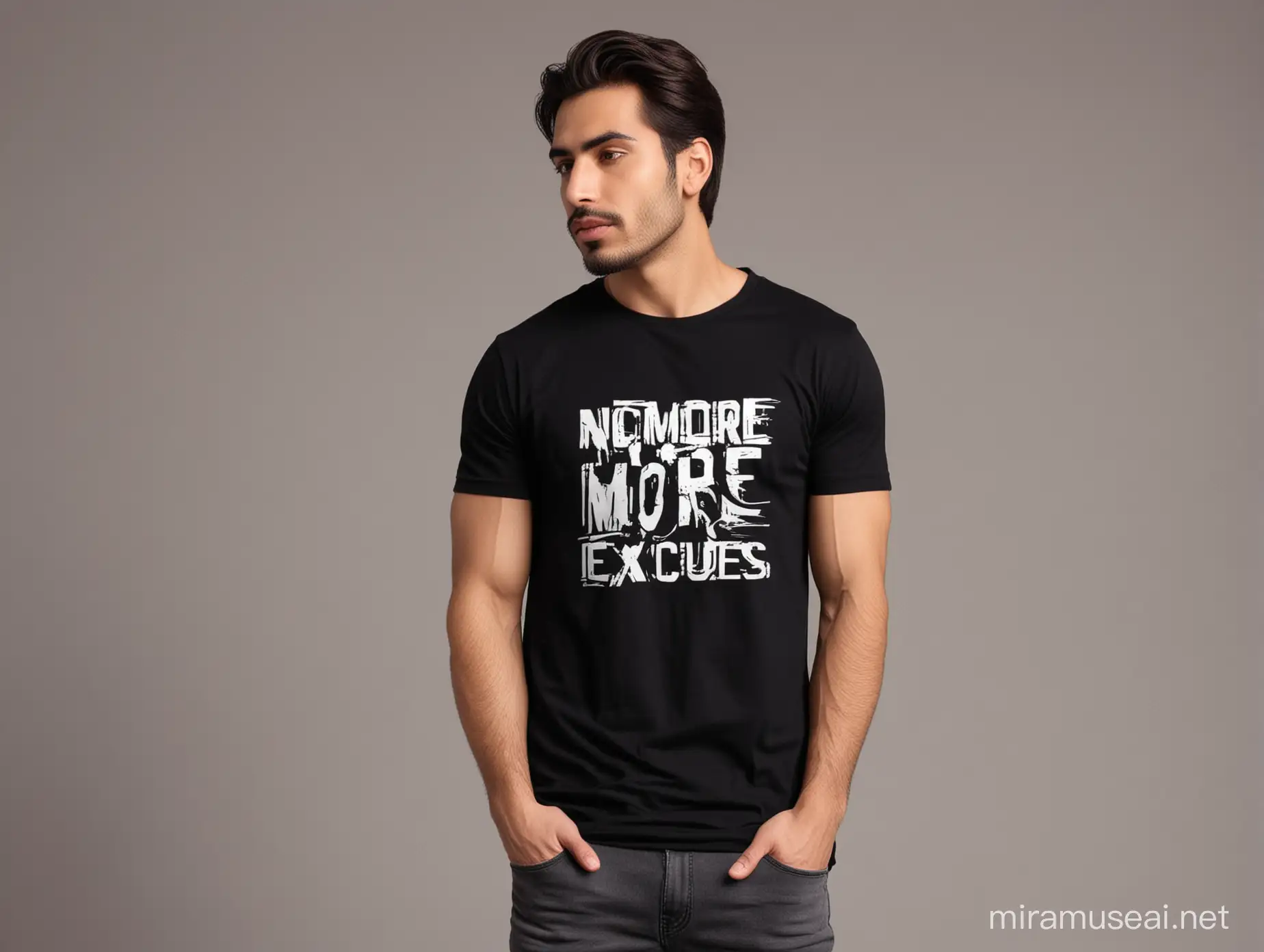 no more excuses yazan bir tshirt tasarımı yap tshirt siyah olsun