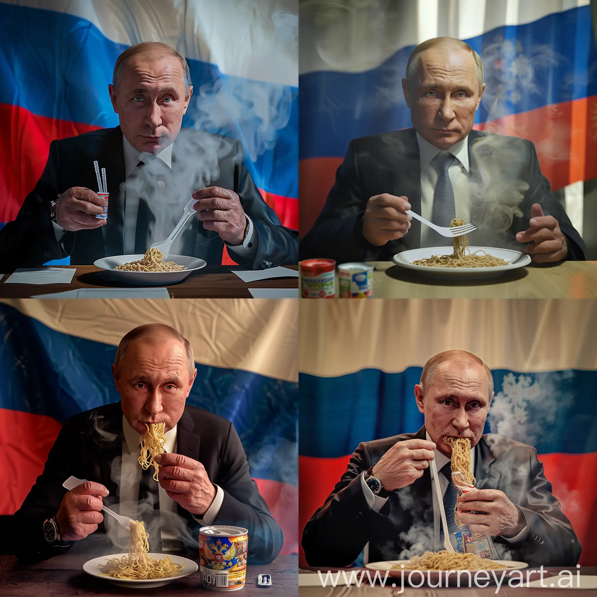 Владимир Путин, сидит за столом, кушает доширак, в руке пластмассовая вилка, пар от доширака, супер детализация, крупный план, задний фон флаг России, заседание, 8к, ультра реалистично, HDR, профессиональное освещение