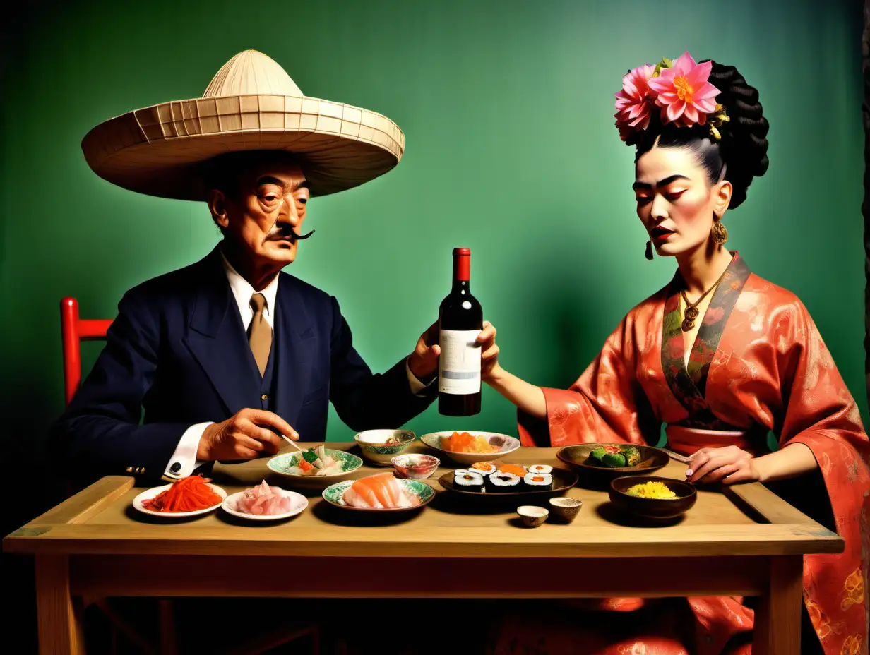 Salvador Dali and Frida Kahlo drink wine and eat sushi in an old Chinatown, A beautiful Chinese table, surrealist figures from Dali's paintings, minimalist figures from Frida Kahlo's paintings,Let the dali have a hat on her head