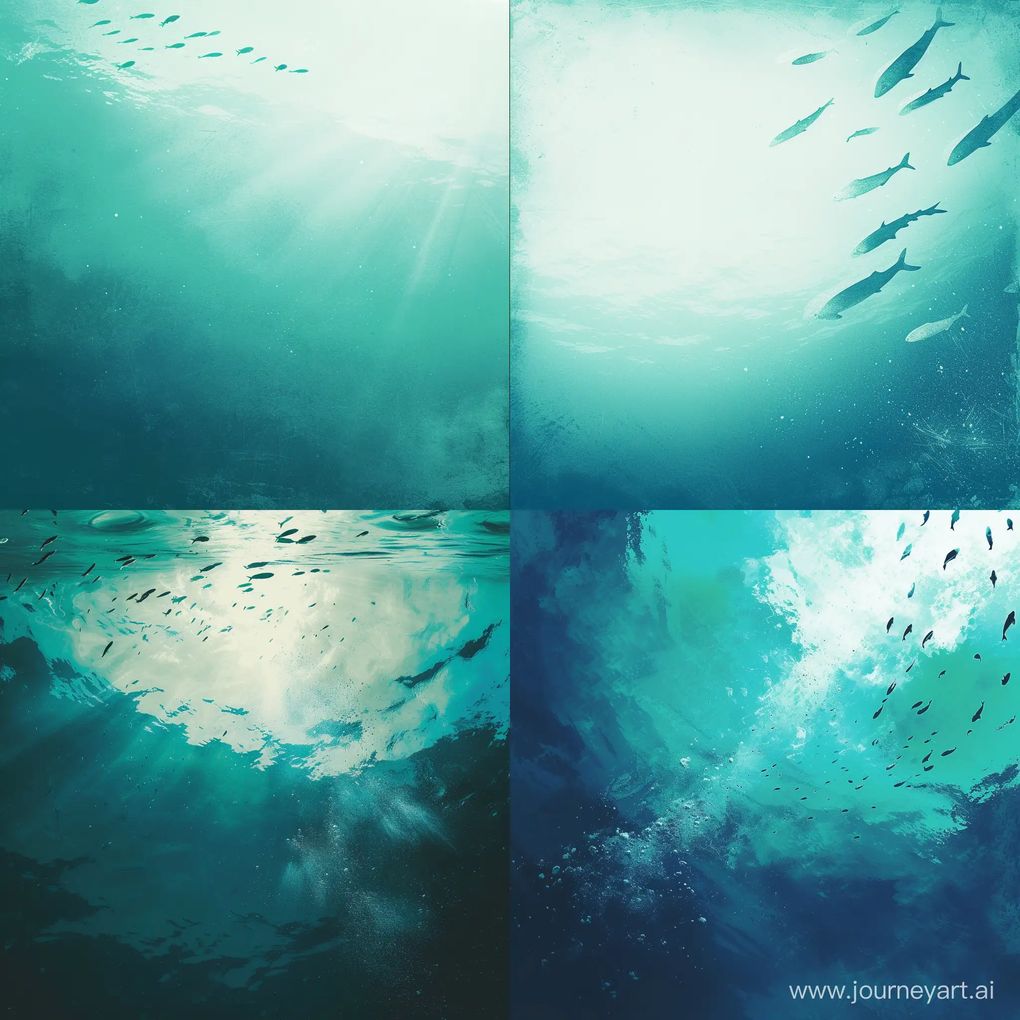 an example of a music album cover is a minimalistic style sea topic fish underwater blue white turquoise and deep green colors relaxed dreamy vibe