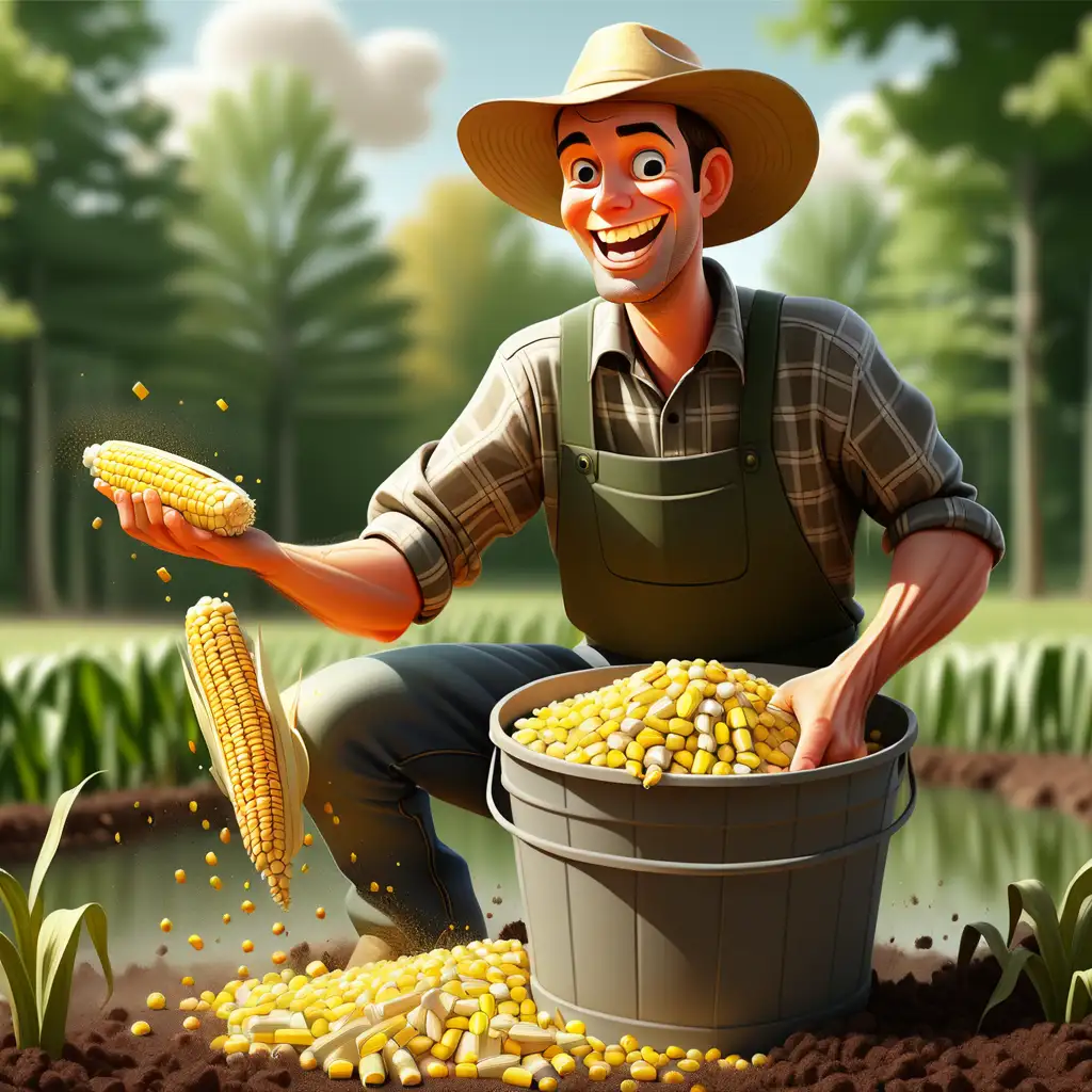  an illustration a happy farmer throwing shelled corn out of a bucket, onto the ground. There is a woods around him with a pond in the background.  