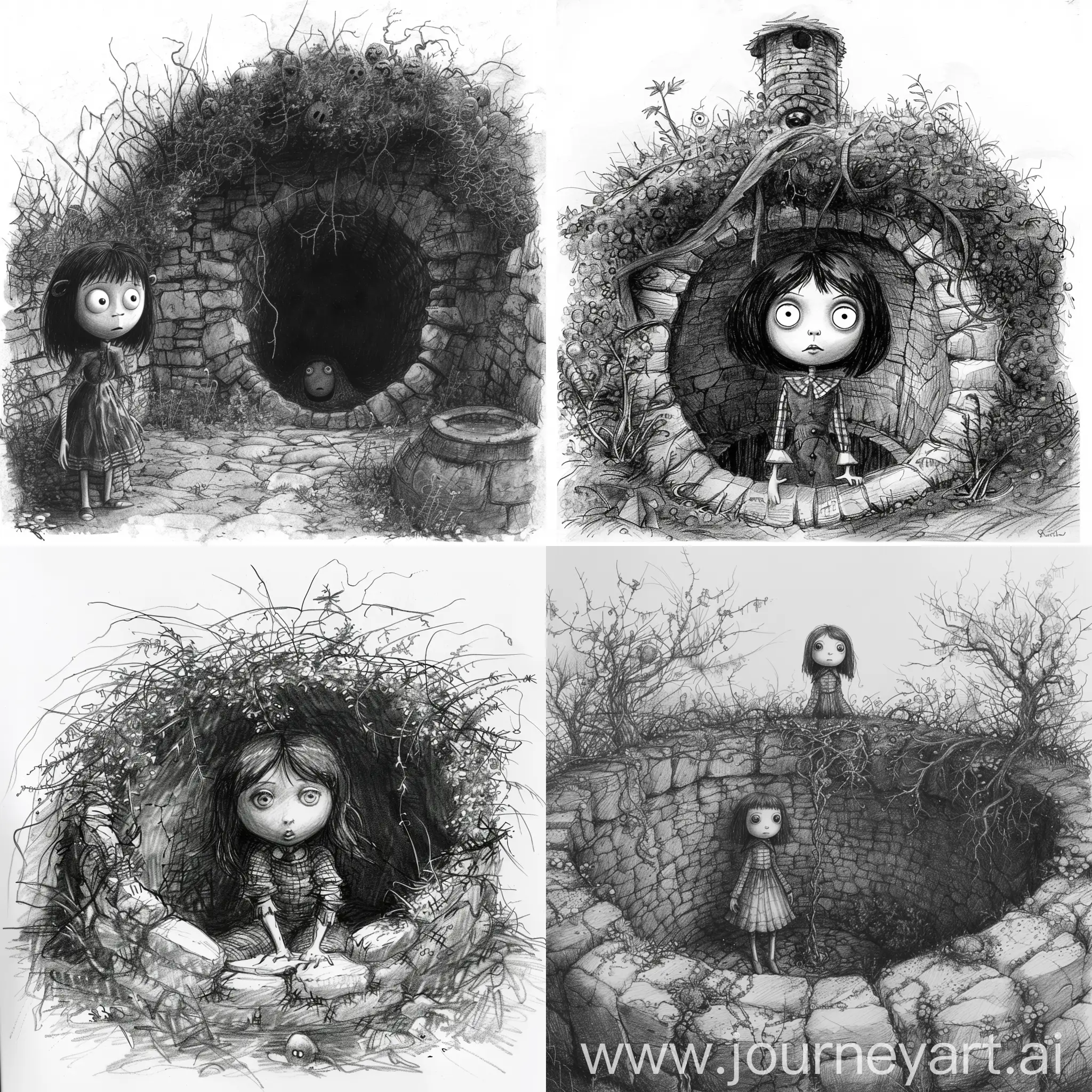 Coraline-in-Nightmarish-Landscape-Pencil-Sketches-by-the-Old-Overgrown-Well