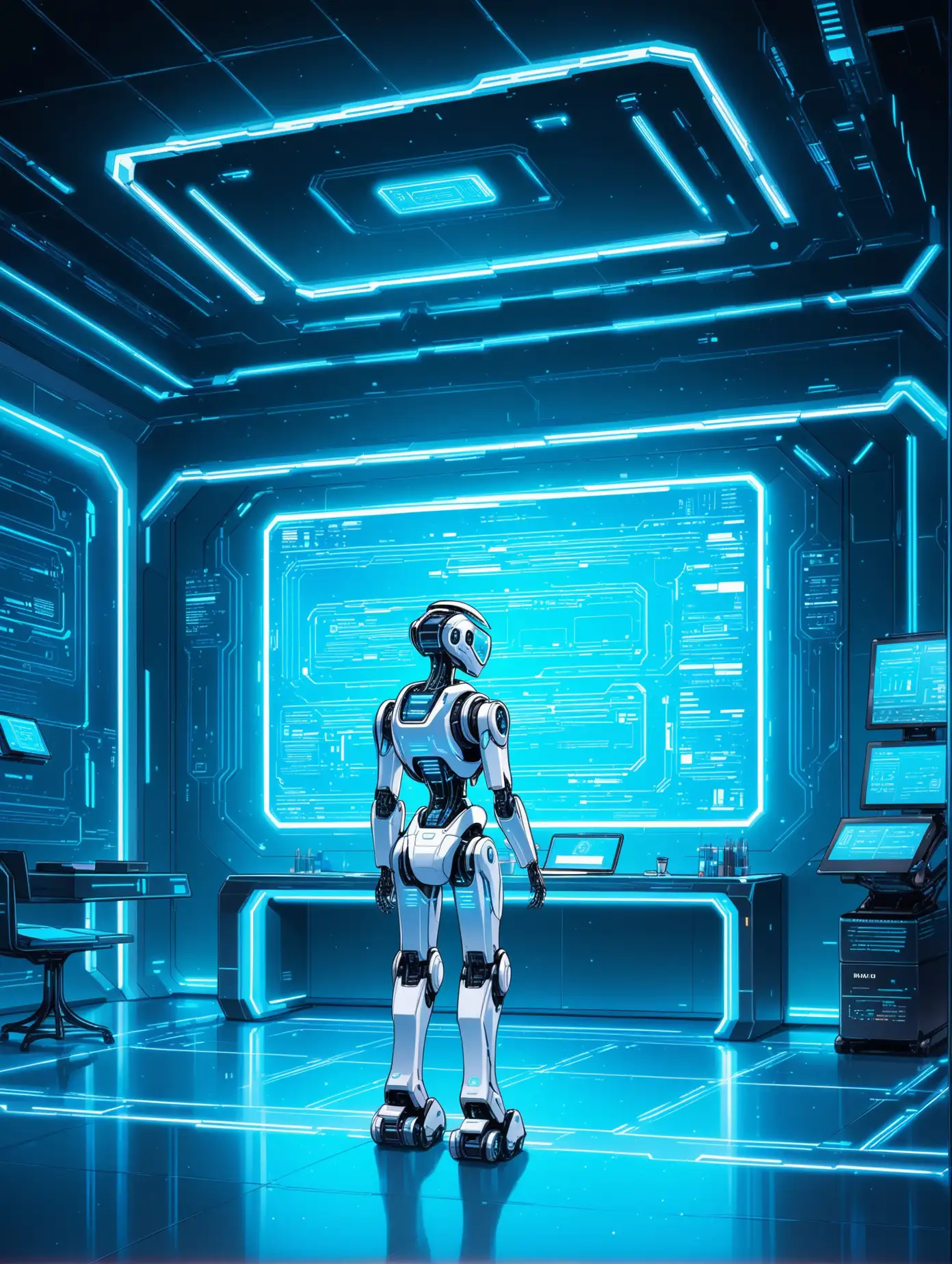 Futuristic AI Robot Engaged in Documentation Amidst Cool Blue LEDlit Room