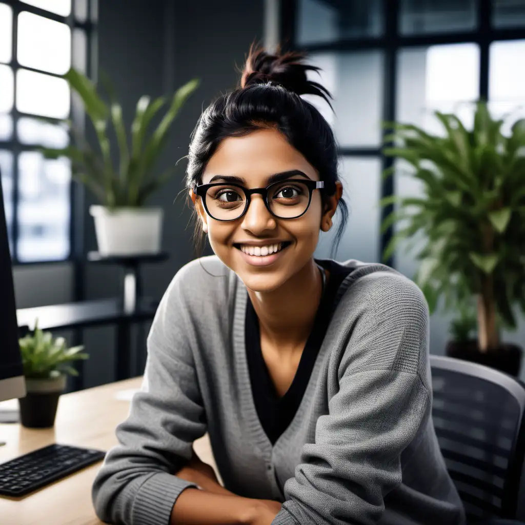 [boyish skinny Australian - Indian female] avatar sitting at down, [medium length dark
hair, happy eyes] [wearing round black wire frame reading glasses and casual jumper] [enthusiastic, happy and helpful], [new junior employee whose starting at a new tech startup], modern office background with desks, plants, cinematic lighting realistic.