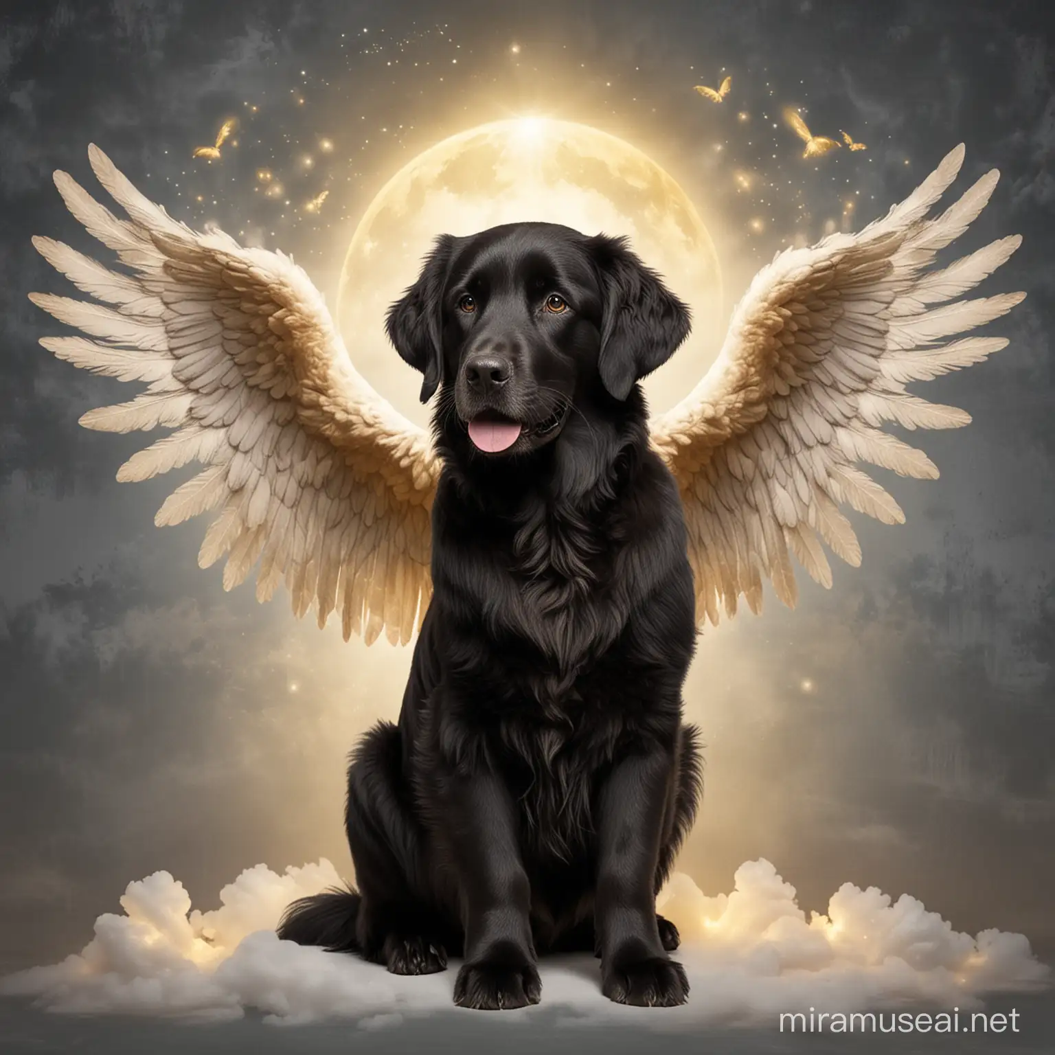 Crear una imagen de un perro Golden negro con alas de ángel