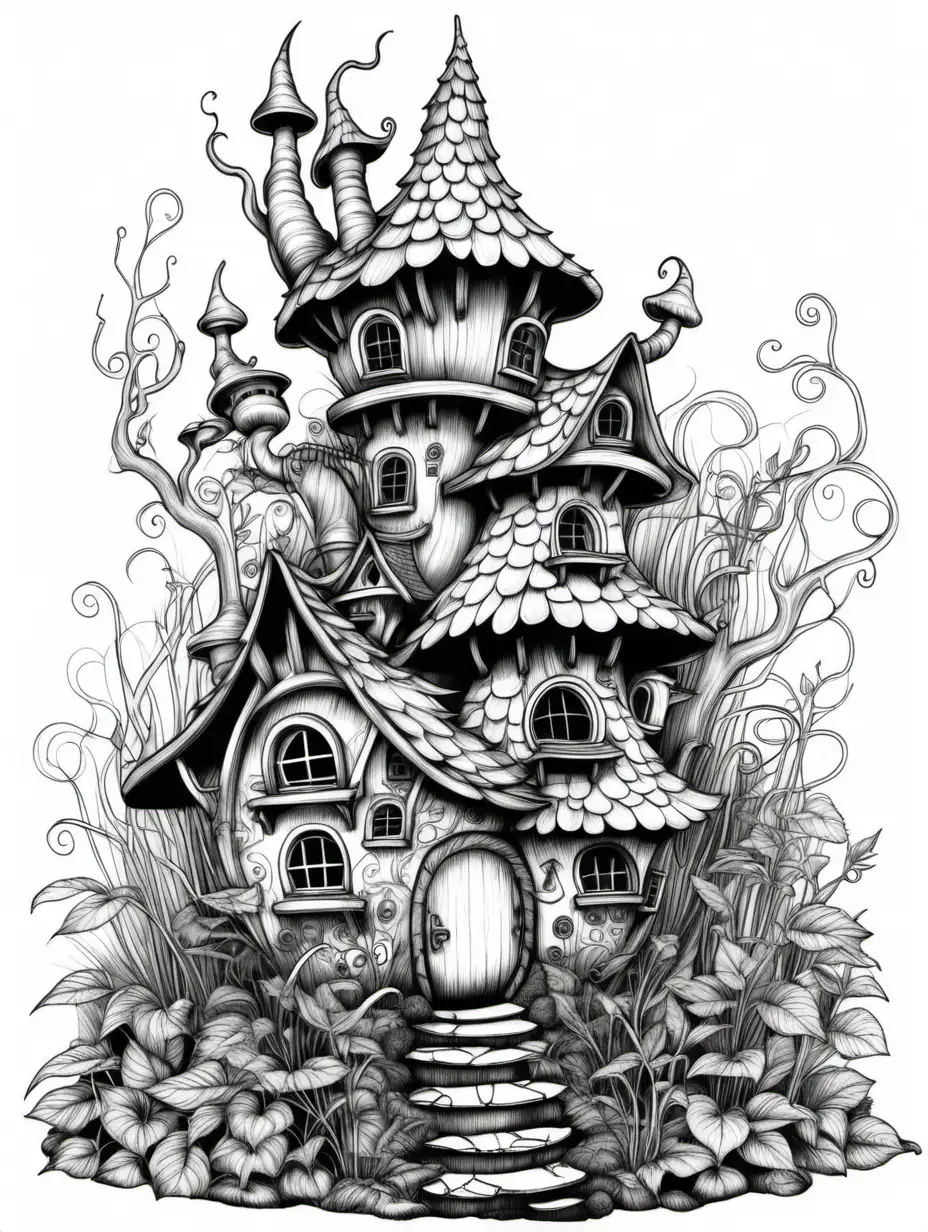 adult ink and pen illustration, faerie house, no shading, no color 
