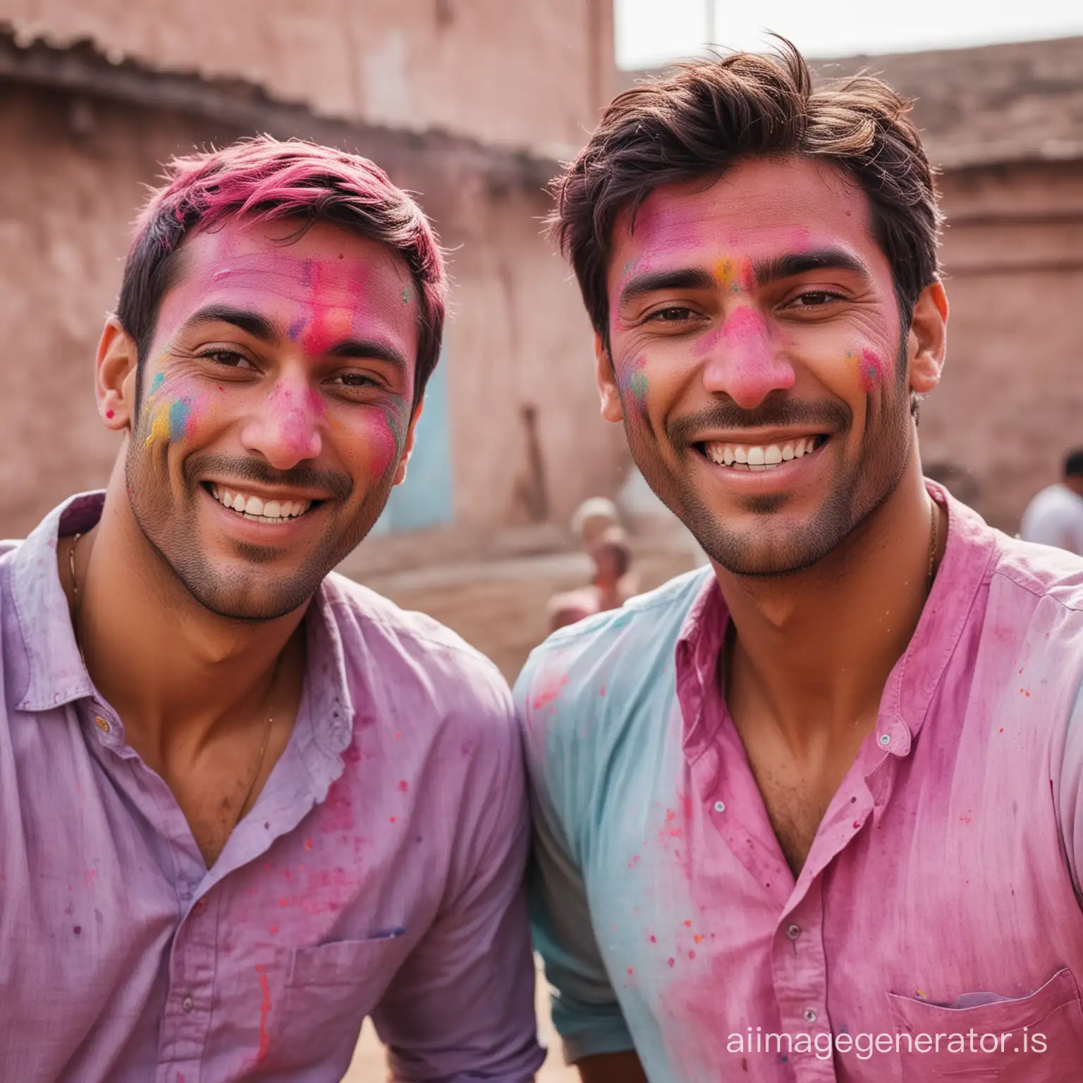 two handsome men playing holi