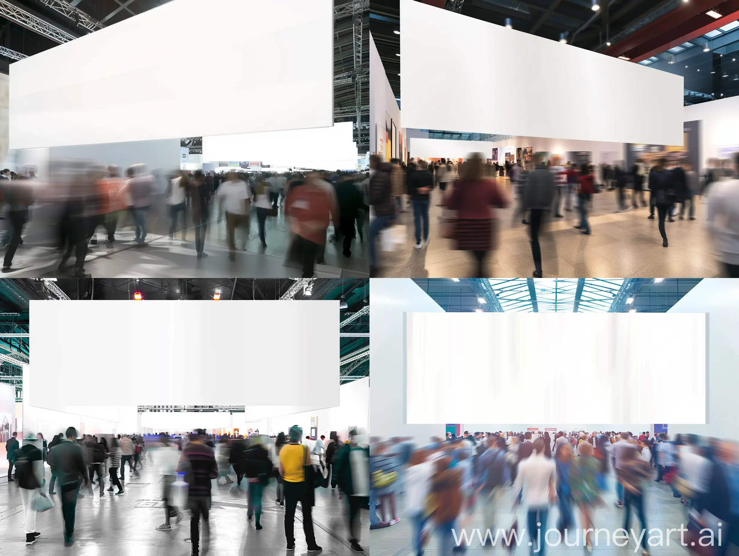 white exhibition signage in a crowded exhibition with people passing underneath it, long exposure, highly detailed, high quality