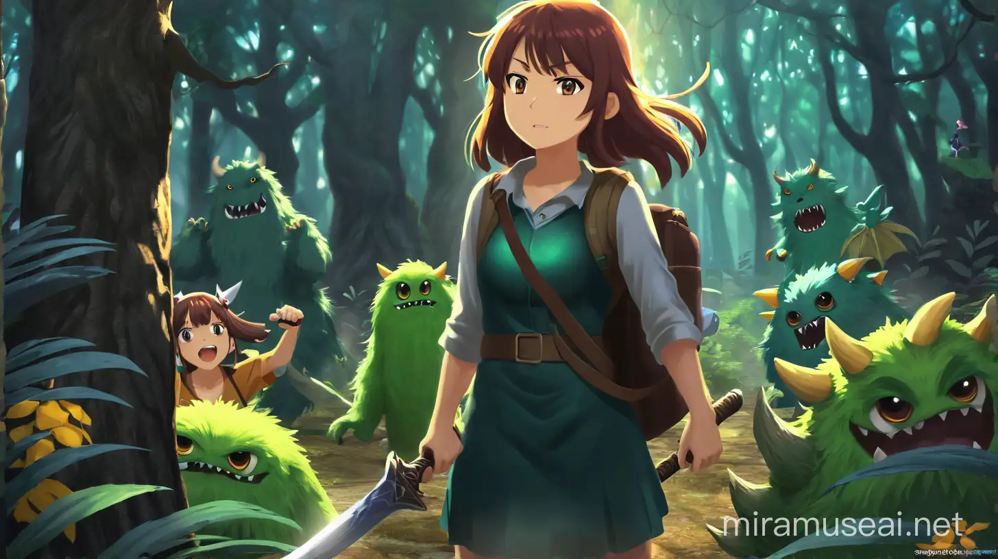 make her fight a cunning monster. make it so that the girl is facing the monster. the girls is covering 1/6th the area os picture and th emonster is covering 1/6th remaing fill with dark forest. use the image as refrence
