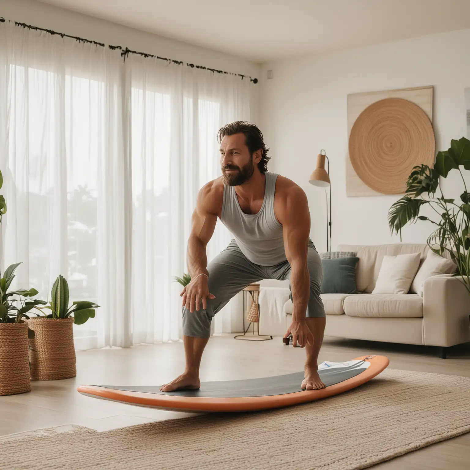 man doing yoga in yoga clothes inside living room on a surf board