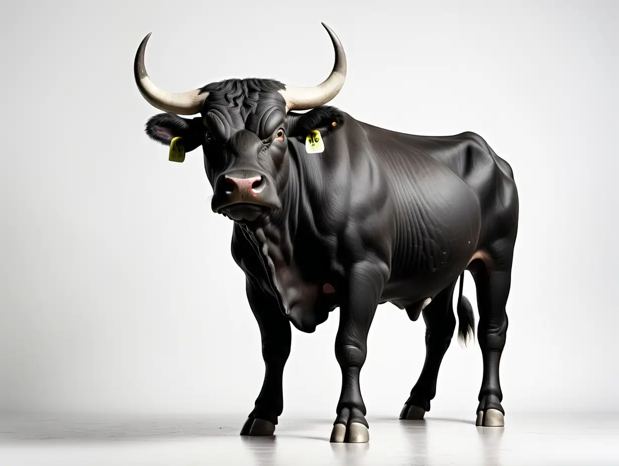 Majestic Black Bull in Striking Pose on White Background