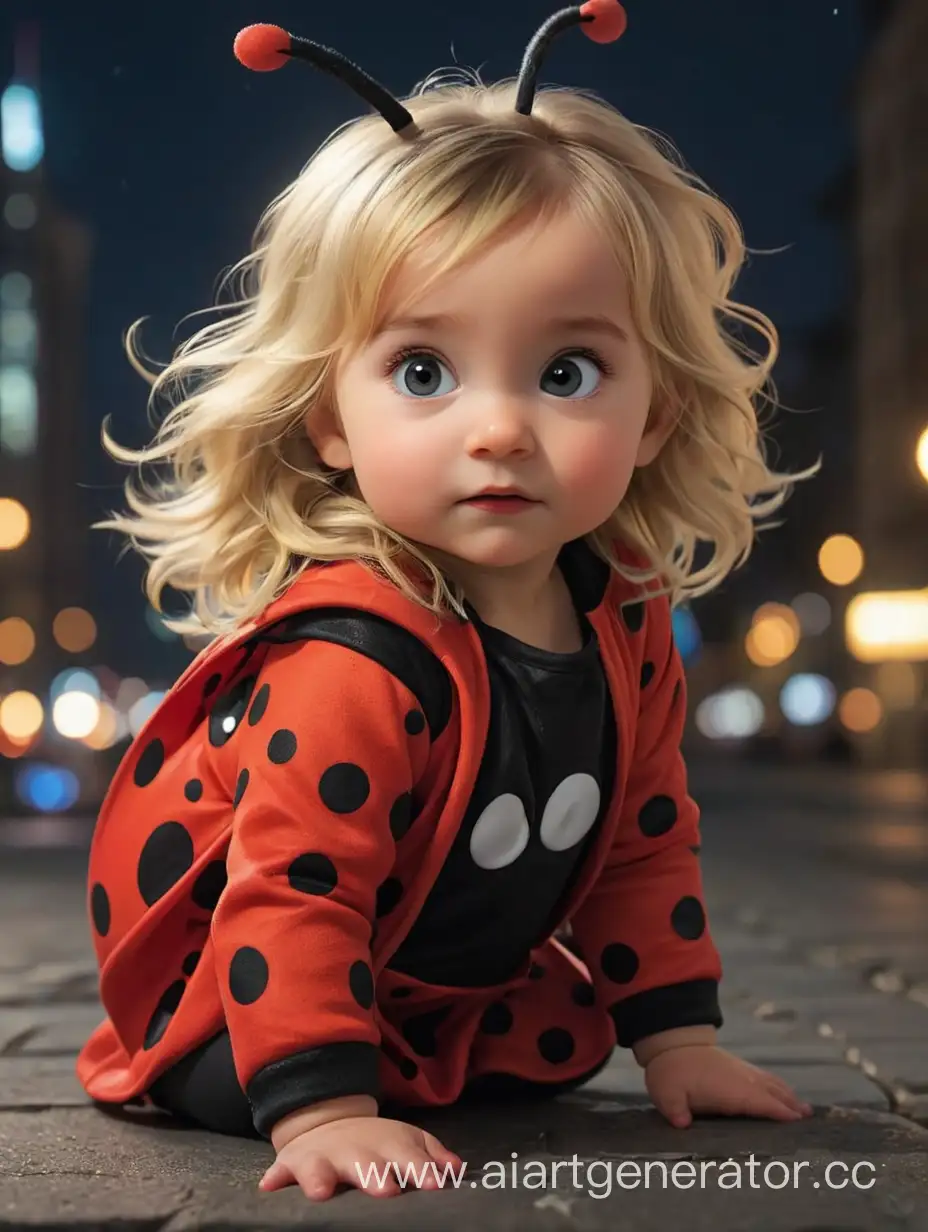 девочка 1 год, волосы светлые длинные, в костюме леди Баг, фон ночной город