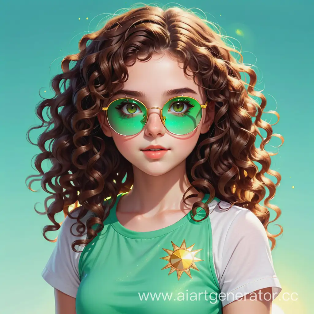 солнечная девушка, с кудрявыми волосами коричневого цвета, ярко зеленые глаза, с круглыми очками золотого цвета