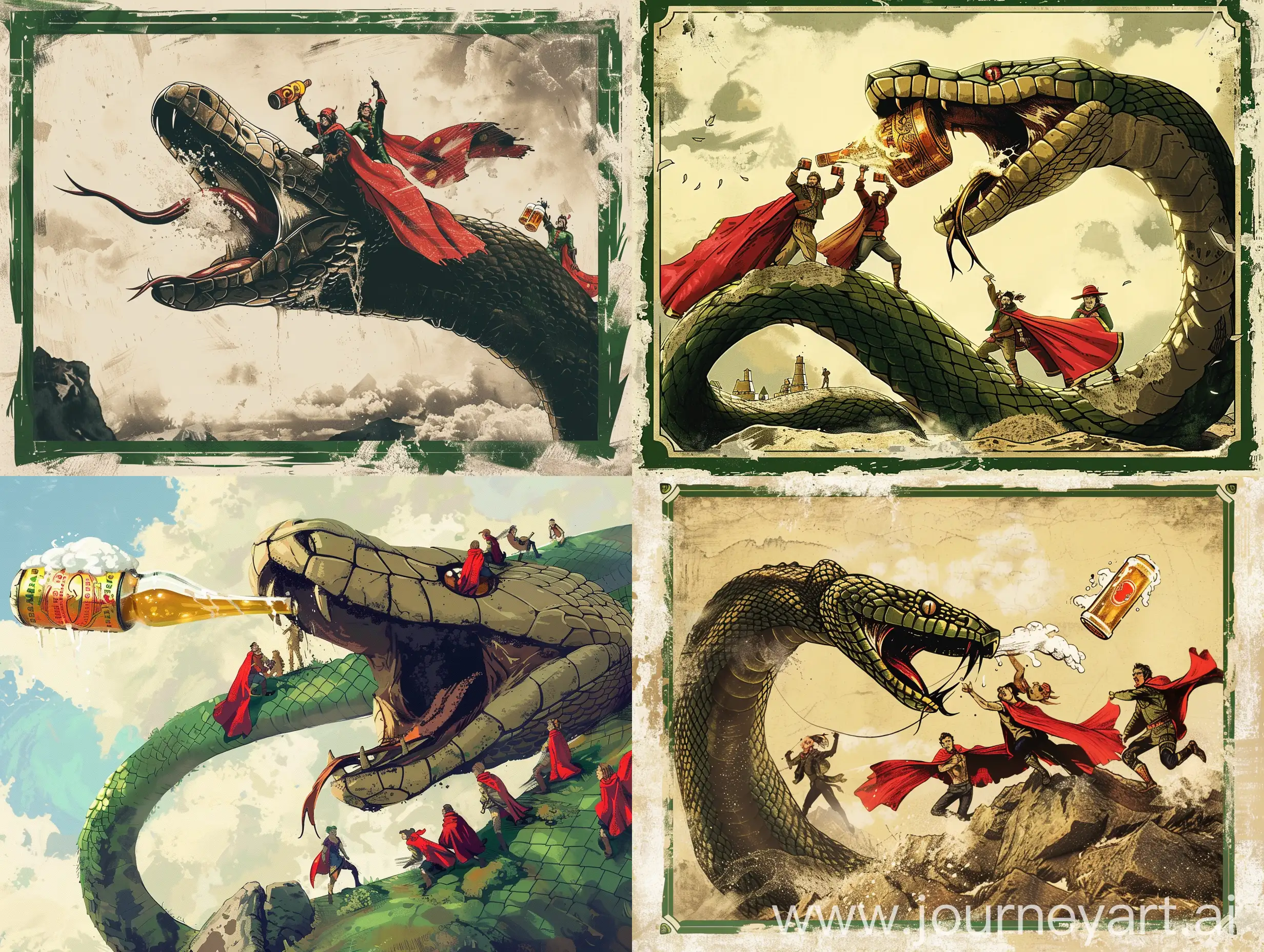 People-in-Red-Capes-Battling-Giant-Snake-Spitting-Beer