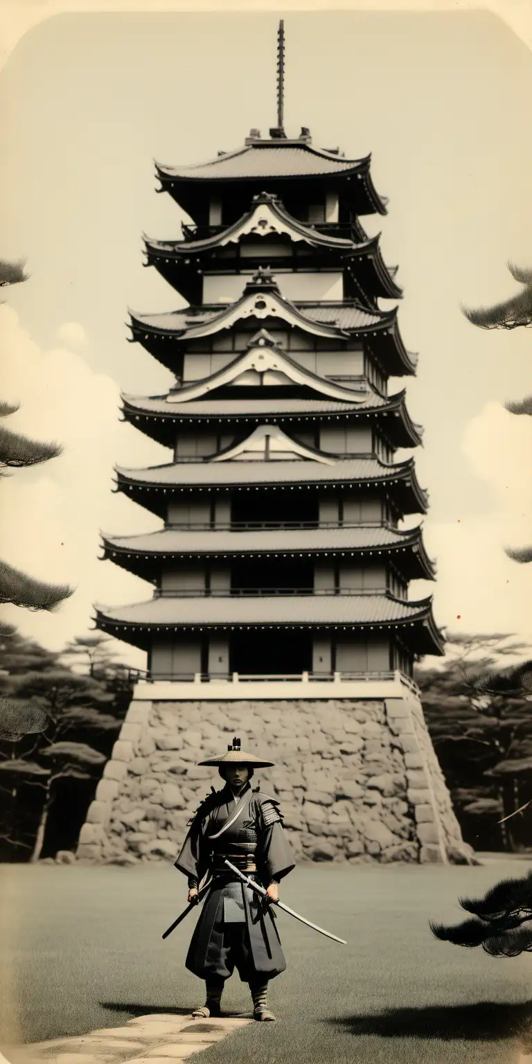 Tall Japanese castle tower, samurai standing on ground with katana in hand