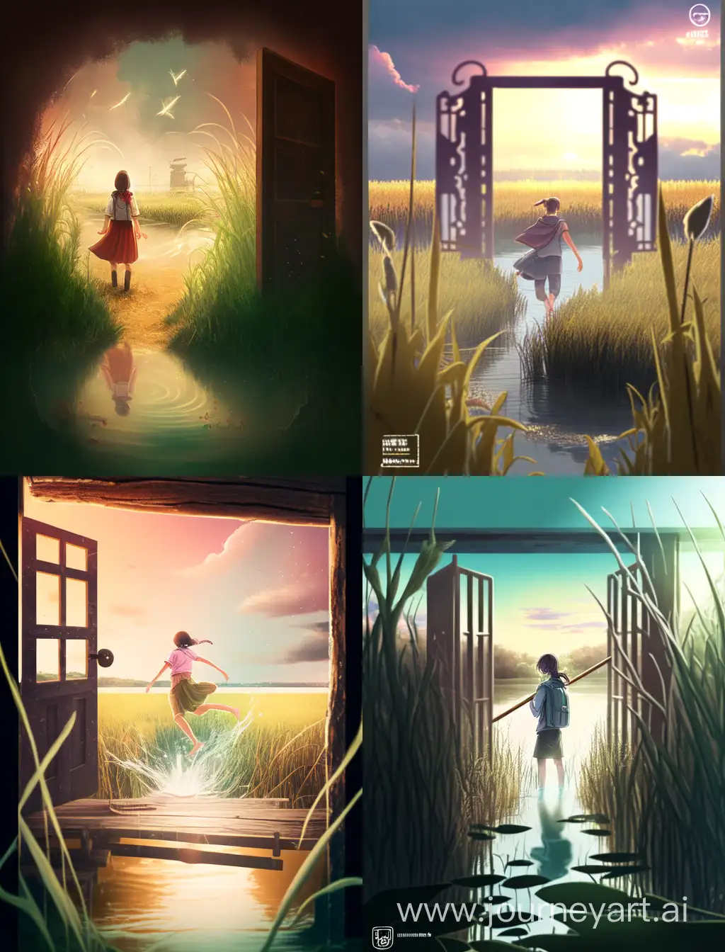 Girl crossing the marsh and over the marsh open door to light for book cover style
