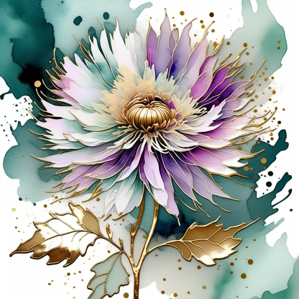 Delicate aster , magnificent , muted watercolor and alcohol ink with gold accents., poster, painting, illustrationv0.2