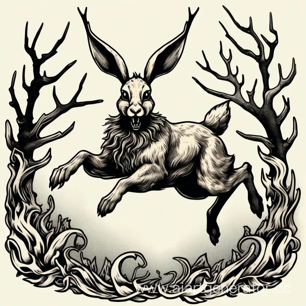 leaping rabbit with deer horns and fangs