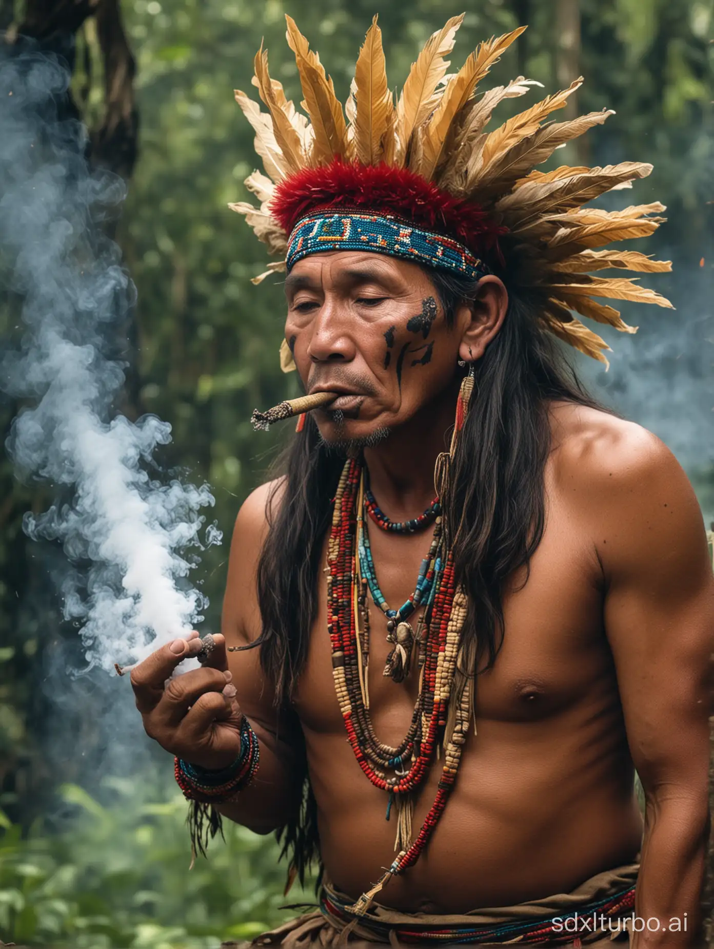 a Peruvian shaman in the Amazon rainforest blows tobacco smoke