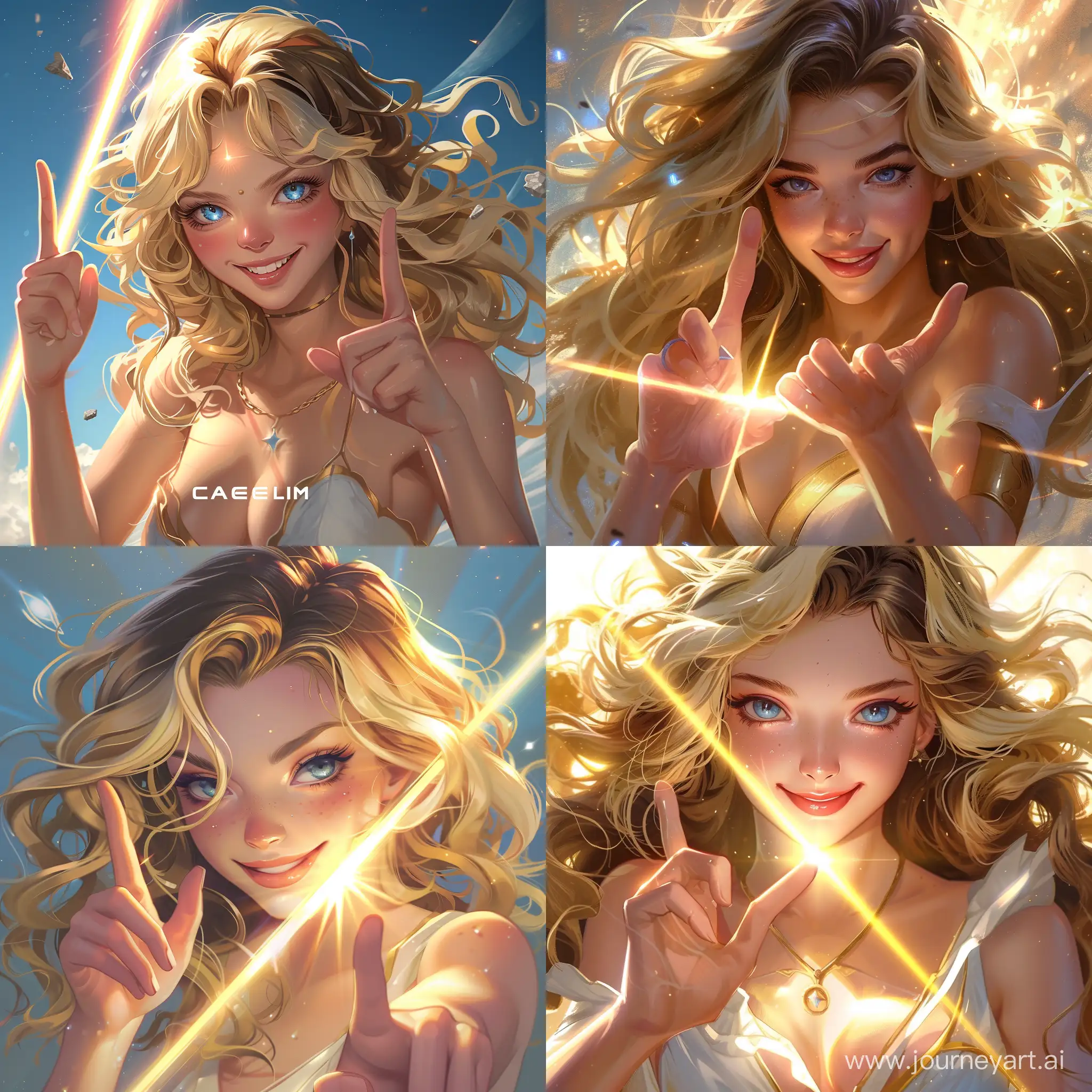 Caelum, goddess of the sky, goddess of light, goddess of good fortune, a beautiful androngynous woman with blonde and brunette hair, one hand pointing at the ground with two fingers, the other hand holding a beam of pure light, a serene smile on her face, vibrant blue eyes
