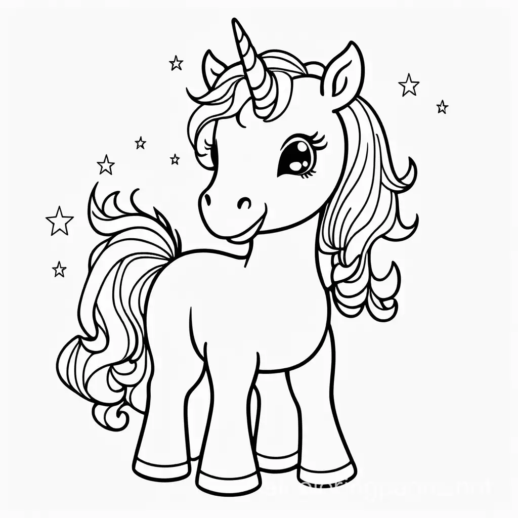 Black and white full body enchanted celestial baby unicorn, Coloring Page, black and white, line art, white background, Simplicity, Ample White Space. The background of the coloring page is plain white to make it easy for young children to color within the lines. The outlines of all the subjects are easy to distinguish, making it simple for kids to color without too much difficulty
