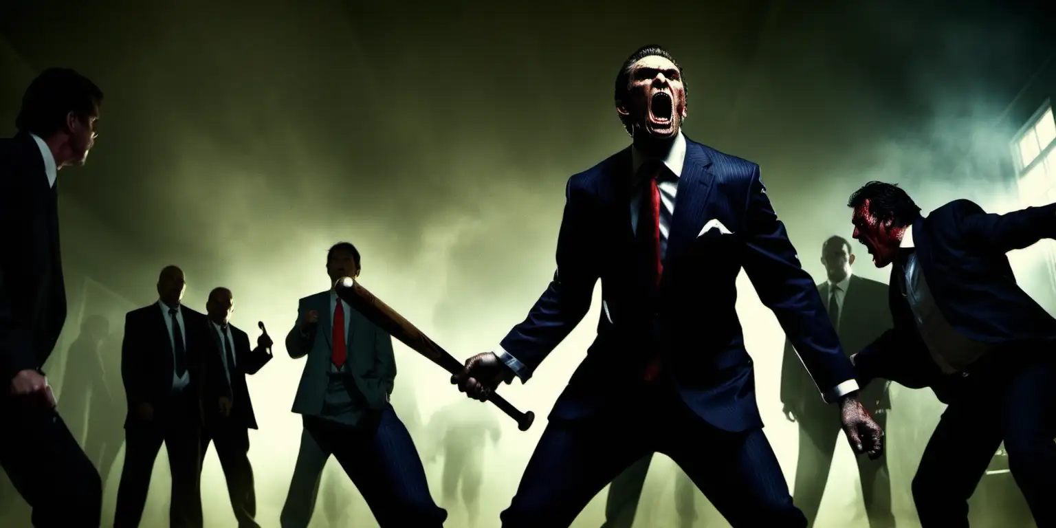 Dramatic lighting, a man in a suit, holding a baseball bat, surrounded by angry henchmen trying to kill him